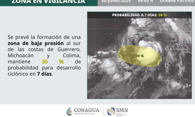 Nuevo posible ciclón con 30% de desarrollo al sur de Guerrero